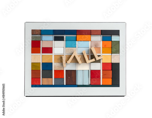 Framed artwork of 3D wooden letters on a colorful block grid