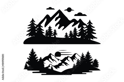 Two silhouette landscape designs featuring majestic mountains and evergreen trees.