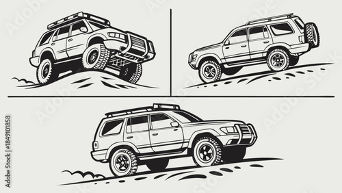 Illustrations of SUVs offroading in various terrains and angles