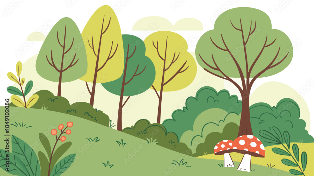 Obraz premium Vibrant Forest Scene with Trees and Mushroom in Nature Landscape