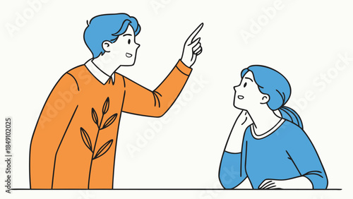 Two people in conversation one pointing and explaining