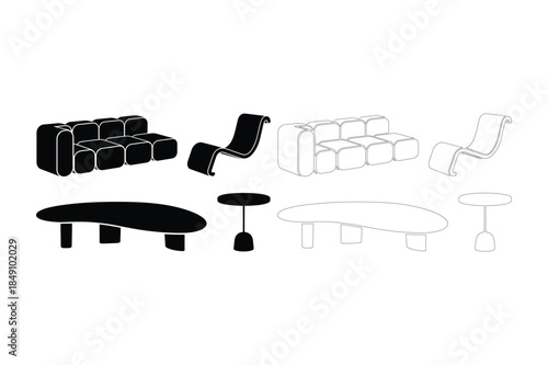 Modern furniture designs in black and outline styles: sofas, chairs, coffee tables