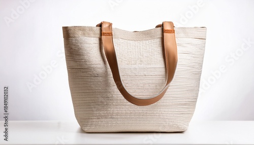 white woven tote bag with tan straps isolated on white background