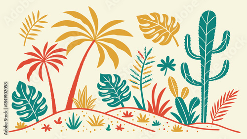 Colorful Tropical Landscape Illustration with Palm Trees and Cacti