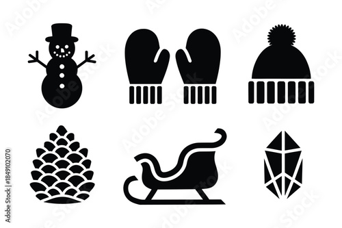Winter holiday icons: snowman, mittens, beanie, pinecone, sleigh, crystal