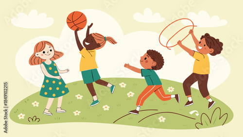 Children playing outdoors in a park with a basketball and hula hoop on a sunny day