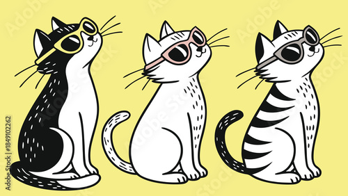Three Stylish Cats Wearing Sunglasses on a Yellow Background Illustration