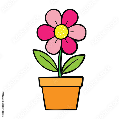 Cute pink flower in a bright pot, perfect for cheerful spring designs. A simple, colorful floral illustration ideal for kids, decor, crafts, and prints.