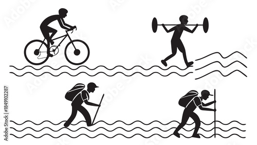 Illustrations of various outdoor activities including cycling hiking and weightlifting
