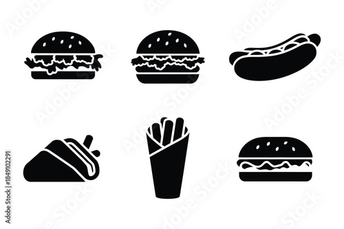 Fast food icons: burgers, hot dog, taco, wrap, and french fries