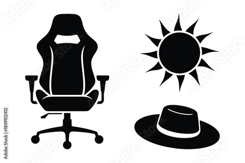 Gaming chair, sun icon, and fedora hat, collection of distinct icons