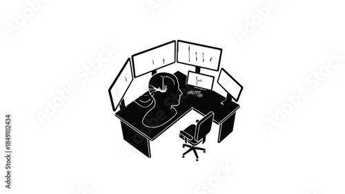 Business professional working on computer with multiple monitors in modern office space, productive workspace concept with technology