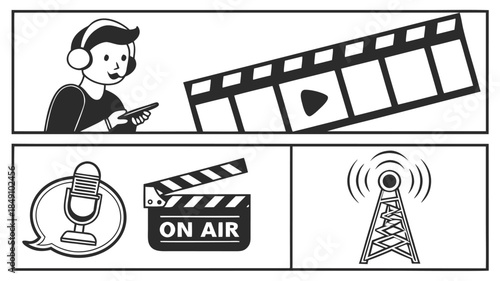 Black and white illustration featuring radio host and broadcasting equipment