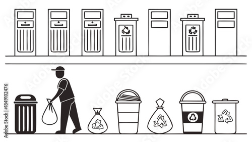 Worker collecting trash from various bins in recycling and waste management system
