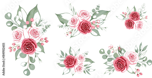 Luxury red rose bouquet with golden leaves and ornate gold butterfly isolated on white background elegant floral vector illustration for wedding design.