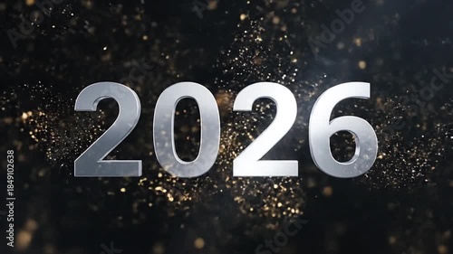 Shiny 2026 text appears amidst swirling golden and silver particles in a dark background