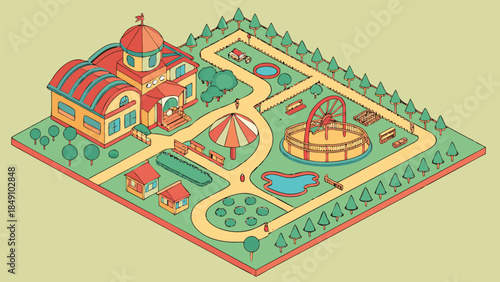 Illustrated Theme Park Map with Attractions and Facilities Layout