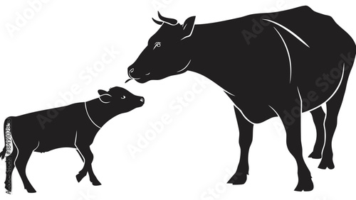 Silhouette of a Cow and Calf Interacting in a Minimalist Style