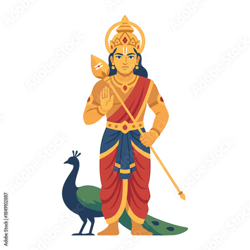 Illustration of a Hindu deity standing with a peacock, wearing traditional attire and jewelry, with a serene and mythological mood.