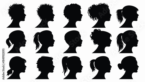 Collection of diverse female head silhouettes showcasing various hairstyles and profiles