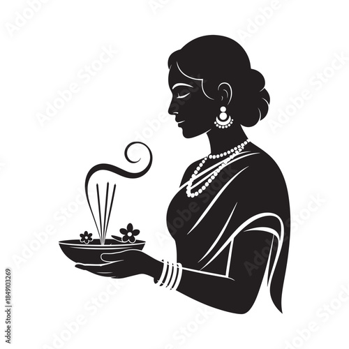 A serene woman in profile offering incense with traditional jewelry and attire