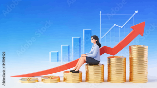 Businesswoman on rising coin stacks