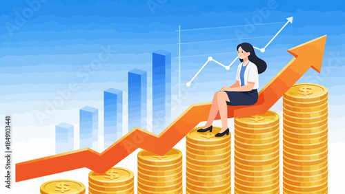 Businesswoman on rising coin stacks