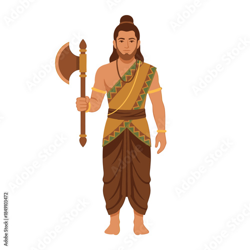 Full-body illustration of a man dressed in traditional Indian attire holding an axe against a plain white background.