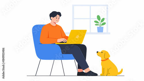 Man working on laptop with dog