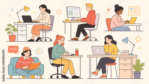 People working and studying in various settings