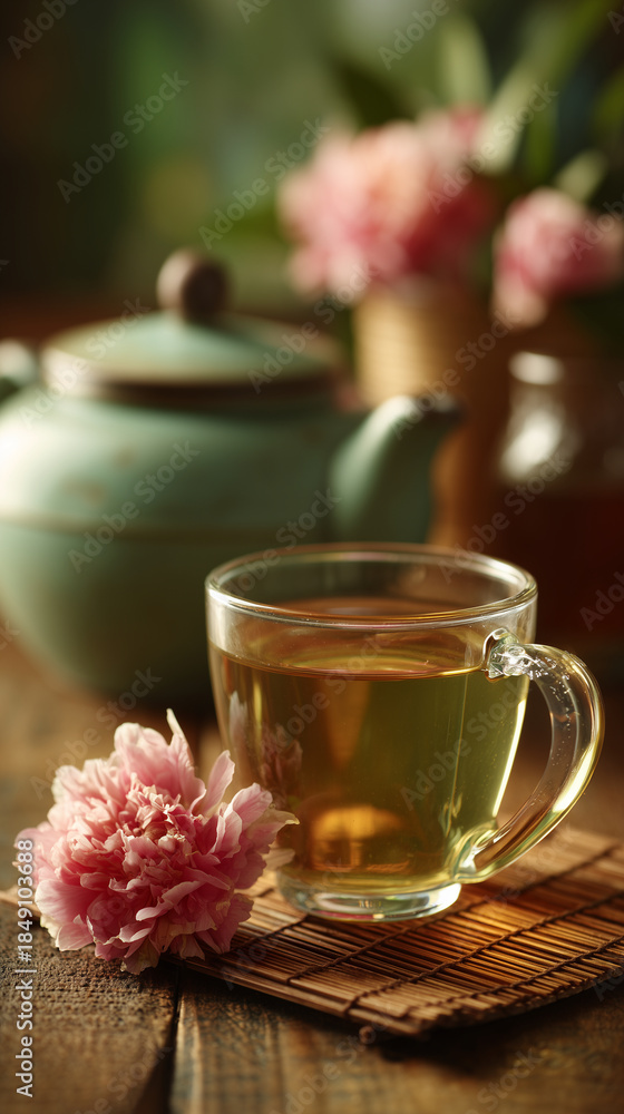 Fototapeta premium Fresh green tea in transparent glass cup on bamboo mat with pink blossoms and teapot, serene natural still life with soft daylight, wellness and relaxation concept for spa branding, lifestyle blogs