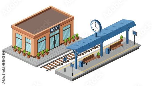 An isometric view of a train station showing an orange ticket building with glass doors next to a platform equipped with a blue shelter, wooden benches, and a prominent clock over the railway tracks