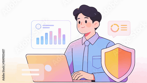 Man working on laptop with data and shield