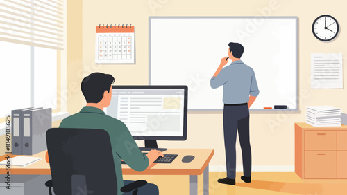 Office workers at computer and whiteboard