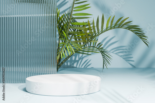 White podium with tropical palm leaves and glass decor.