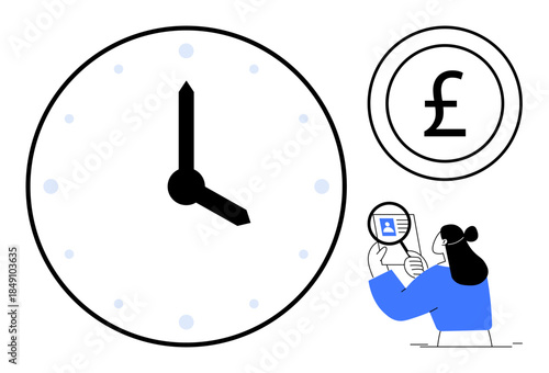 Time management concept. Clock face time tracking, financial icon for cost efficiency, and a person examining information. Great for productivity, finance, business, and strategy visuals