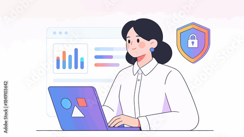 Woman working on laptop with data and security icons