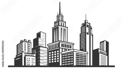 Skyline illustration of modern city buildings in black and white style
