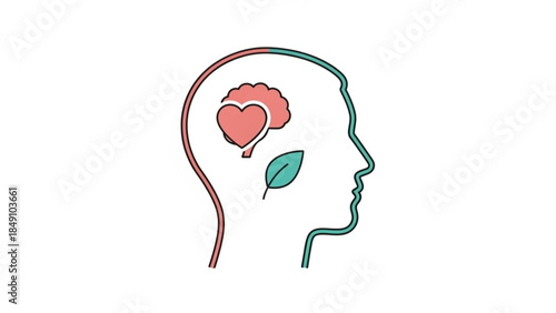 Harmony of Mind and Heart: An illustration showing the interconnectedness of thoughts, feelings, and nature in a human mind, suggesting balance and well-being.