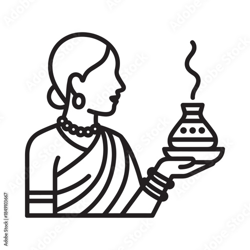 Traditional indian woman performing a ritual with incense and offering