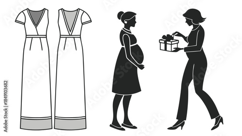 Silhouettes of Pregnant Women Receiving Gifts and Maternity Dresses