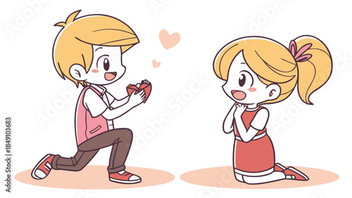 Kneeling boy proposing to girl with ring happy couple moment