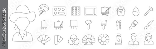 Artist and painting tools line icon set – editable outline symbols of painter, palette, easel, brush, paint, color wheel and art supplies