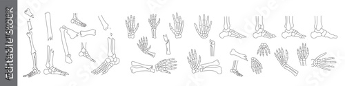Hand and foot skeleton line icon set – editable outline symbols of hand bones, foot bones, wrist, ankle, fracture, broken and skeletal structure