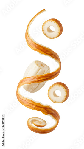 Long peeled white lotus root slice with peel spirals isolated on white background, fresh aquatic vegetable perfect for cooking and healthy recipes