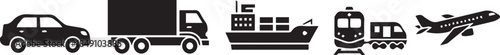 Diverse transportation modes including car truck ship train airplane and bus displayed in silhouettes