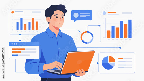 Man working on laptop with data charts