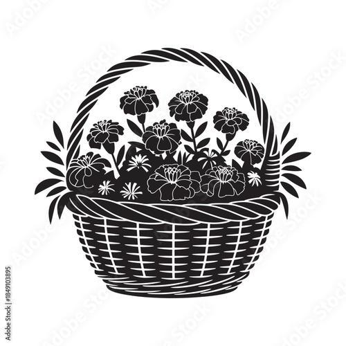 A black and white illustration of a woven basket filled with blooming flowers