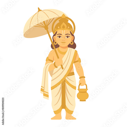 Illustration of a traditional Indian man wearing a dhoti and holding an umbrella and pot in a flat, graphic style with warm golden tones against a clean white background.
