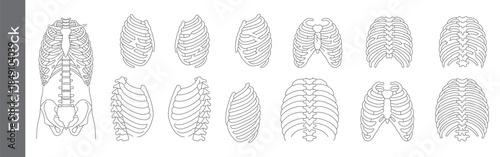 Rib cage and thorax anatomy line icon set – editable outline symbols of ribs, chest, spine, fracture, broken and human skeleton